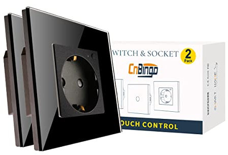 CNBINGO WLAN Schuko Steckdose Unterputz, 16 Amp Glas Smart Steckdose Arbeit mit Alexa(Echo, Echo Dot), Google Assistant, APP Steuerung, Nur 2.4 GHz WiFi, 1 Fach, Schwarz, 2er Pack