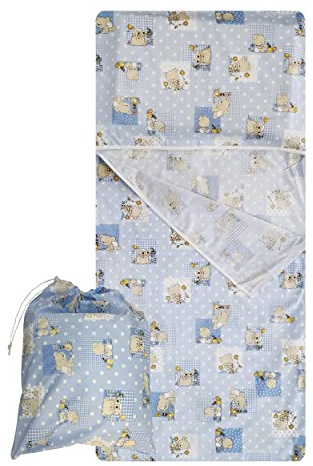 Panini Tessuti Ensemble de Jardin d'enfants, Sac de Couchage d'été et Pochette pour Les bébés de 2 à 6 Ans - Tissu 100% Coton - Made in Italy (Ours et Abeilles Bleus Kindergarten Set)