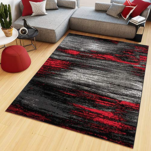 TAPISO Maya Teppich Kurzflor Modern Verwischt Meliert Streifen Design Schwarz Grau Rot Weiß Wohnzimmer Schlafzimmer ÖKOTEX 120 x 170 cm