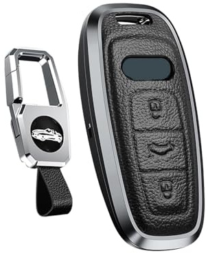 HIBEYO Smart Autoschlüssel Hülle passt für Audi A3 A6 A7 A8 A6L A8L RS6 RS7 S3 S6 S7 SQ7 SQ8 C8 Q8 Q7 E-Tron Schutzhülle Fernbedienung Cover Schlüsselanhänger Leder Aluminiumlegierung-Schwarz