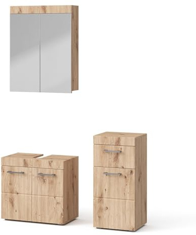 Vicco Badmöbel-Set Luna, Eiche Wotan, 60 cm | besteht aus Waschbeckenunterschrank, Spiegelschrank und Midischrank