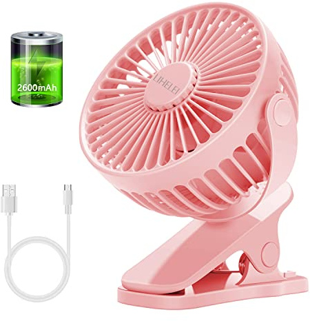 LIHELEI Stroller Portable Fan, Rechargeable USB Desk - Powerful Airflow, Low Noise Clip On Fan for Pram, Camping, Home, Office, Travel - Pink