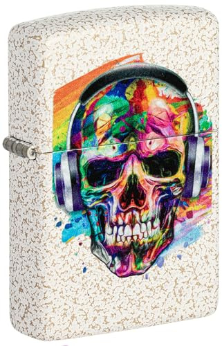 Zippo - Briquet Tempête Motif Tête De Mort avec Casque Audio, Verre Mercuré, Impression Color Image, Rechargeable, Réutilisable, Coupe-Vent, Coffret Cadeau, Fabriqué Aux États-Unis
