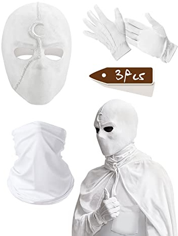 Maschera lunare in lattice casco cavaliere set guanti bianchi maschera collo casco cosplay maschera costume Halloween prop, Bianco Set di 3, teens and adults