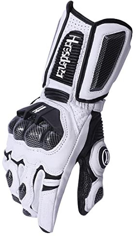 Harssidanzar Motorradhandschuhe aus Leder für Männer und Frauen,Touchscreen Powersports-Carbonfaser Knöchelschutz Motorradhandschuhe KM045,Weiß schwarz,Größe XL