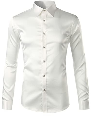Camisa de esmoquin de satén de seda para hombre, camisa de vestir informal de negocios, ajuste delgado, dorado, brillante, color blanco, asiático, XL