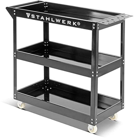 STAHLWERK Werkzeugwagen mit 200 kg Tragkraft, robuster Werkstattwagen/Rollwagen/Transportwagen/Montagewagen mit 3 Ladeflächen und Lochleiste