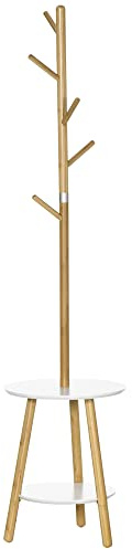 HOMCOM 2-i-1 Stående Klädhängare Hall Entréskåp 5 Krokar 2 Hyllor Modern Design Mysig 39,5 x 39,5 x 171 cm Massivt Bambuträ
