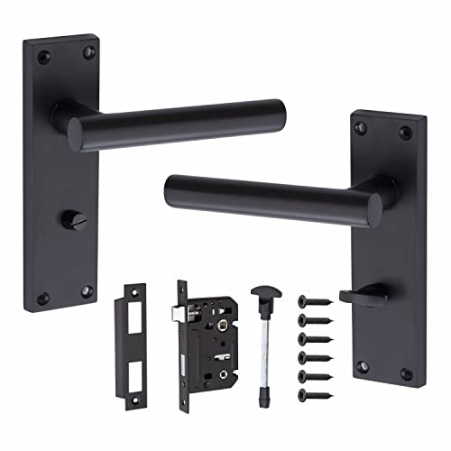 Golden Grace Straight T-Bar Backplate Door Handle, Matt Black Bathroom Set | Includes 1 pair of handles, spindle, screws, and a 2.5 inch bathroom mortise lock with a cut-to-size spindle.
