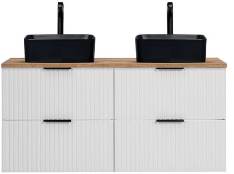 Lomadox Waschtisch 120cm mit 2 Aufsatzbecken, weiß mit Eiche Nb., Front gerillt, Keramikwaschbecken schwarz