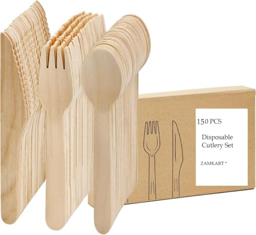 Ménagère jetable en bois 90 pièces | 30 fourchettes, 30 cuillères, 30 couteaux | 16 cm | biodégradable, compostable et respectueux de l'environnement | Idéal pour les fêtes, les pique-niques, Noël,
