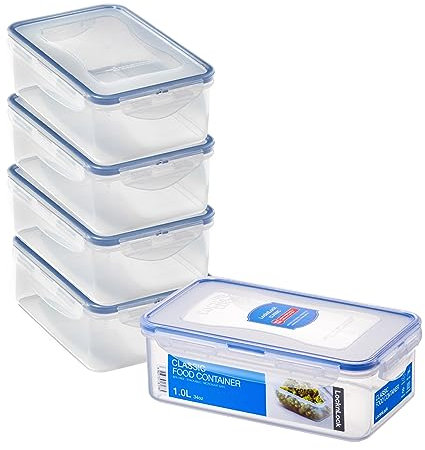 LocknLock Set di 5 contenitori rettangolari per alimenti con coperchio, in plastica, ermetici e impermeabili, senza BPA e lavabili in lavastoviglie, 5 x 1 l