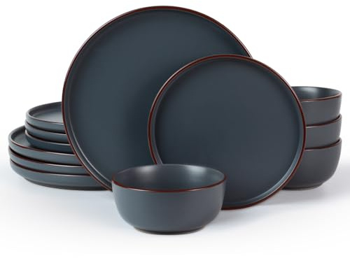 Famiware Mercury Plates and Bowls Sets, 12 Pieces Stoneware Dinnerware Sets, Dishes Set for 4, Microwave and Dishwasher Safe, Charcoal