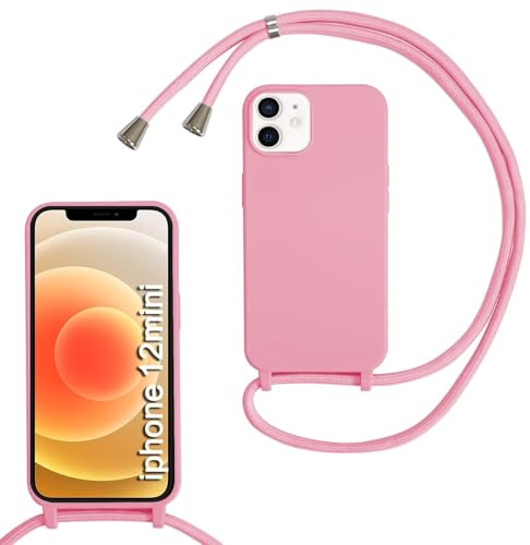 SLWYF Custodia per iPhone 12 Mini Cover con Cordino, Silicone Antiurto TPU Morbido Corda Collana Necklace Regolabile Stylish con Catena Ultra Sottile Cover Case, Rosa