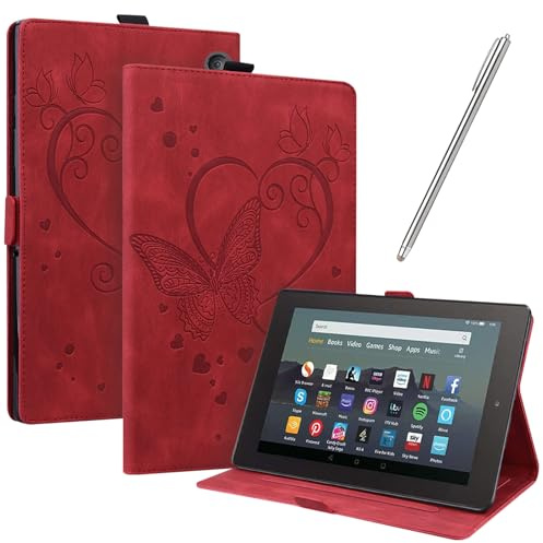 JayModCase Hülle Kompatibel mit Amazon All-New Kindle Fire 7 Tablet (2022 Release-12th Generation) PU Leder Schutzhülle Standfunktion Kartenschlitz Stifthalter Flip Cover (Rot)