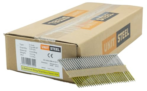 UnitSteel 34° Halbkopf-Streifennägel - 2,8X65mm, 3.000 stück, Nägel für Druckluft-Nagler, D-Kopf, Ring/Rostfrei Stahl, für fast alle Marken von Tackern