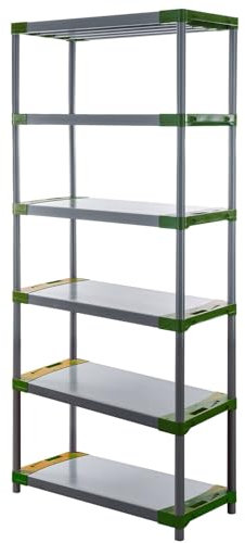 PROREGAL Kunststoffregal Grey Bear | Extra-Tall | HxBxT 220x110x46cm | Fachlast 120kg | Grau-Grün | Plastikregal Kellerregal Lagerregal Steckregal