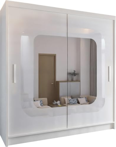 MN Furniture Chennai Mirror Sliding Door Freestanding Wardrobe Transforms Your Space with Style 150cm/203cm (White, 150cm)