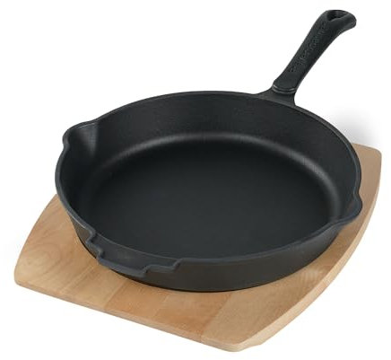 Freyersbacher Sartén de Hierro Fundido Esmaltado 28 cm con Vertedores, Sartén Antiadherente con Tabla de Servir, Sartén Inducción para Uso Interior Exterior Horno Barbacoa Parrilla