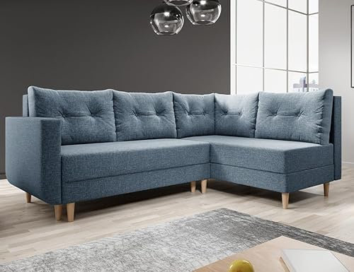Easy4You Ecksofa Baldur L-Form Blau – 235x93x145 cm - Schlafsofa mit Bettkasten und Schlaffunktion - Eckcouch mit Stauraum, Holzfüße und Kissen – Rechts – Stoff Lux 33