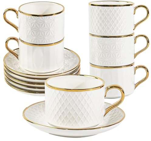 Espresso Cups and Saucers Set of 6, 7 OZ Porcelain Cappuccino Cups with Saucers, Stackable Coffee Mugs for Demitasse, Latte, Cafe, Mocha, Tea, Mother's Day Gift Thanksgiving Christmas Gift Present