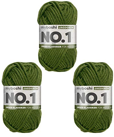 myboshi No.1 Wolle zum Häkeln und Stricken, Schnellstrickgarn, langlebige Mützenwolle, Strickwolle, Häkelwolle, mulesing-frei, 50g, Ll 55m Grün (Jagdgrün) 3 Knäuel