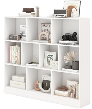 KOMFOTTEU Bücherregal 10 Fächern, Offenes Würfelregal 3 Ebenen, Standregal Aufbewahrungregal mit Kippschutz, Büroregal Spielzeugregal Holz (Weiß, 120 x 24 x 104 cm)