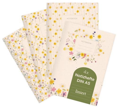 etmamu 1072 4er-Set Notizheft A5 | Wiesenblumen Muster Aquarell | für Notizen, Skizzen, Bullet Journal & Planungen | Wildflowers Liniert