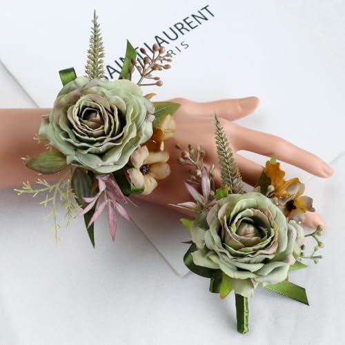 Ansteckblume für Hochzeit, Bräutigam, für Herren, für Braut, Brautjungfer, Handgelenk, Ansteckblume und Handgelenk, Set für Hochzeit, Party, Abschlussball, Heimkehr (grün)