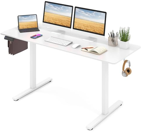 GYMAX Elektrischer Schreibtisch höhenverstellbar, 160 x 60 cm Stehschreibtisch mit 3 speicherbaren Arbeitshöhen & Antikollisionssystem, Steh-Sitz Tisch, Computertisch mit 2 Haken & Kabellöchern, Weiß