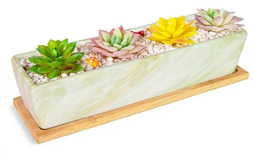 ARTKETTY Macetas para suculentas, macetas Grandes para suculentas con Bandeja de Drenaje, Maceta Rectangular Larga de cerámica para Plantas de Cactus de Interior, Caja de Ventana Poco Profunda