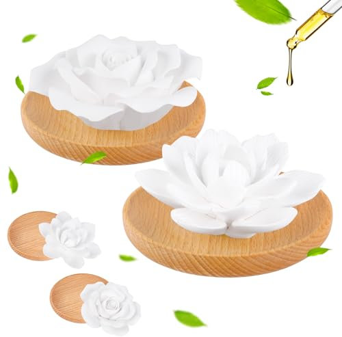 POFIBO 2 Stück Duftstein für Ätherische Öle - Duftsteine Set mit 2 Sockel aus Holz，Lotusblüte und Rose Aroma Duftstein，Ideal für Aromatherapie, Entspannung, Yoga-Meditation und Badezeit