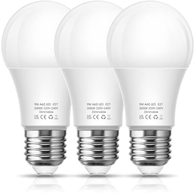 EvaStary E27 Screw Bulb Dimmable, 60W Equivalent E27 Edison Screw Light Bulbs, 9W 3000K Warm White, 800LM A60 Standard Bulbs, Pack of 3