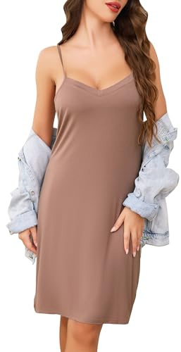 Vlazom Combinación Interior Mujer Vestidos Camisones Modal Sexy con Correas Ajustables(L,Café)