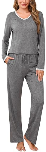 Litherday Pyjamas Dam Vinter Bomull 2-delat Set med V-hals Byxor och Långa Ärmar Bekväma Sovkläder med Fickor och Dragsko Plus Storlek