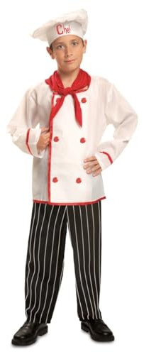 My Other Me - Costume Cuoco Bambino, taglia 10-12 anni. Include berretto bianco con scritta Chef in rosso, fazzoletto, camicia bianca con bottoni e dettagli rossi, e pantaloni a righe.