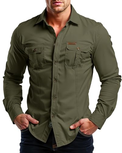 Misfuso Chemises Homme en Coton à Manches Longues Modèle Randonnée Style Cowboy Col Montant Tenue Tactique Usage Extérieur/Travail Look Safari Uni et Décontracté 2 Poches Vert Militaire 3XL