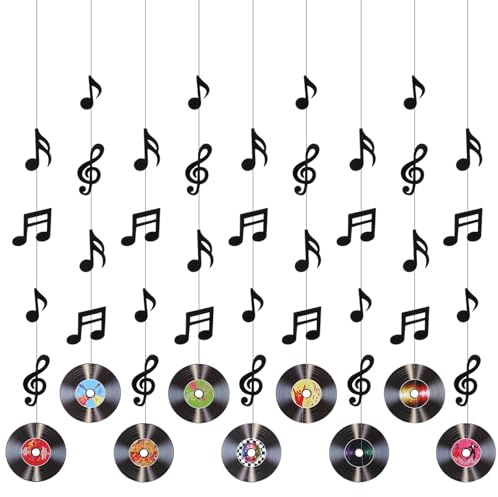 9 Pcs Rock and Roll Party Decorations, Music Notes Record Hanging Banners, Vintage Themed Vinyl Record Decorations, 50s 70s 90s Music Theme Paper Cutouts for Birthday Party, Bulletin Board