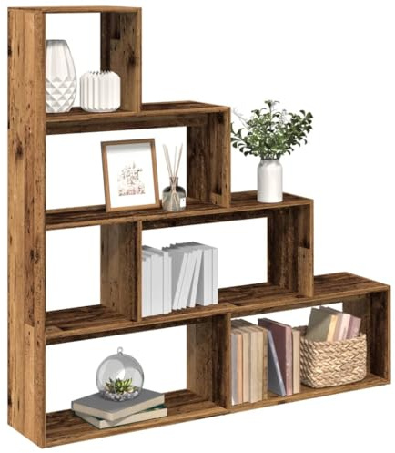 Qnhdfrt Libreria alta in legno vecchio, 143,5 x 29 x 143,5 cm, 4 ripiani, design scale, robusto materiale in legno, divisorio e scaffale per soggiorno, ufficio, camera da letto