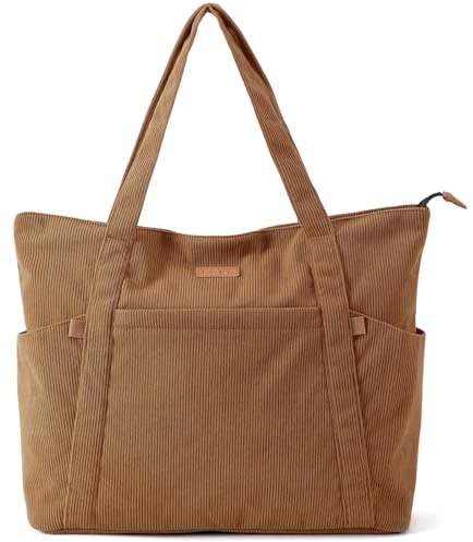 Lekespring Cord Tasche Damen, Groß Tote Bag Strandtasche mit Reißverschluss, Shopper Tasche Damen Laptoptasche mit 15.6 Zoll Laptopfach, Elegant Handtasche Umhängetasche für Arbeit Schule Gym-Orange