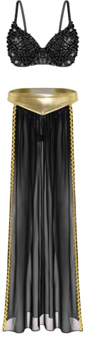 SiiRoh Dam bit magdanskostym outfits paljetsbh med slitsad chiffongkjol set, svart, M