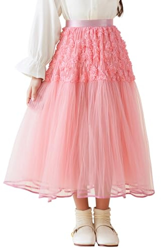 NEAWEALY Gonna tutù per bambine e ragazze, linea ad A, a strati, a vita alta, con fiori, gonna sottoveste per feste, rosa, 5-6 Anni