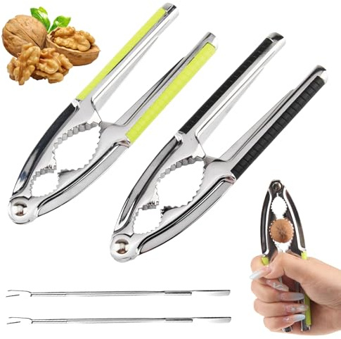 Lot de 4 Casse Noix Antidérapant, 15.5 cm Casse-Noisette Métal Multifonction, Casse-Noix en Alliage de Zinc avec Poignée Noire Verte et 2 Fourchette pour Noisettes, Noix du Brésil, Crabes, Homards