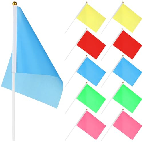 FUTUREORYY 50 Stück Teiliges Einfarbiger Quadratischer Handfahnen aus Polyester Leichte Mini-flaggen in Rot Gelb Blau Grün und Rosé für Partydekoration und Feierlichkeiten
