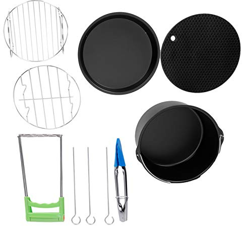 Juego de accesorios para freidora eléctrica de cocina de 7 pulgadas, bandeja para pasteles, plato para pizza, almohadilla de silicona, abrazadera para brochetas, bandeja para