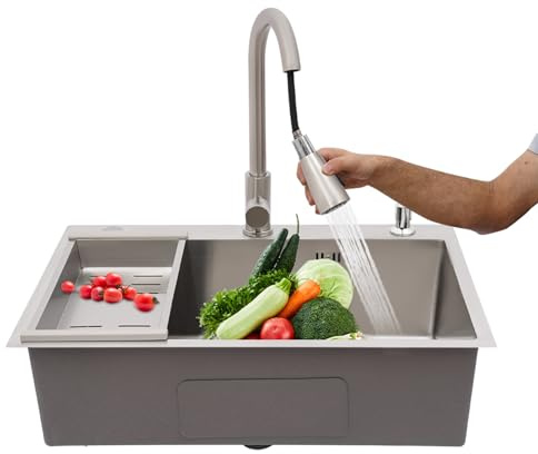 MEELRYD Lavabo da cucina, 68 x 45 cm, lavello da incasso, lavabo integrato, allungabile, 360°, lavello da incasso con lavello + cestino di scarico + dispenser di sapone per sottolavelli a partire da