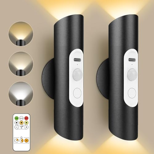 Lacasa Akku Wandleuchte Innen mit Bewegungssensor, Fernbedienung Dimmbare 3 Farben Wandlicht Up and Down LED Wandlampe, Kabellose Batteriebetriebene Wandlampen Nachtlicht, 2 Stück, Schwarz Metall
