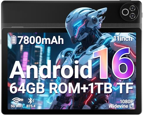 Laptok Android 16 Tablet, 11 Inch Tablet with 20GB RAM+64GB ROM/1TB TF, 7800mAh Android Tablets, 5G WiFi | Widevine L1 | Bluetooth 5.4 | 5MP+8MP | OTG | 1080P - Black