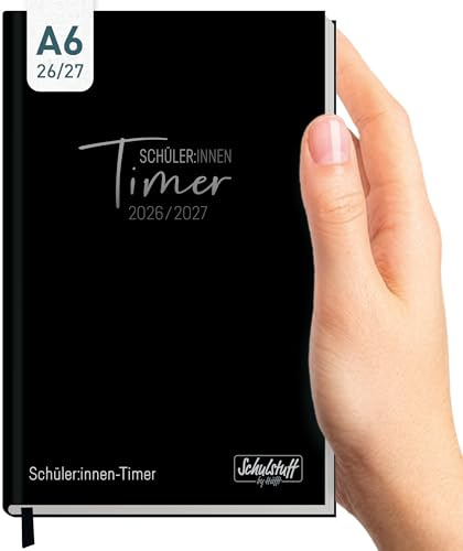 Häfft® Schulstuff Schüler:innen-Timer Mini 2026 2027 A6 Black Edition | Flexocover Schülerkalender von August 2026 - Juli 2027, Schülerplaner Hausaufgabenheft 10,6 x 15 cm - passt in jede Tasche
