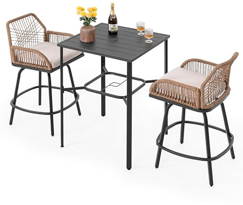 Avestar 3-teiliges Bartisch mit Barhocker Set, mit abnehmbaren Kissen, Barhöhe Esstisch und 2 handgewebten drehbaren Barhockern aus gedrehtem Rattan, Essgruppe für Garten, Schwarz und Beige